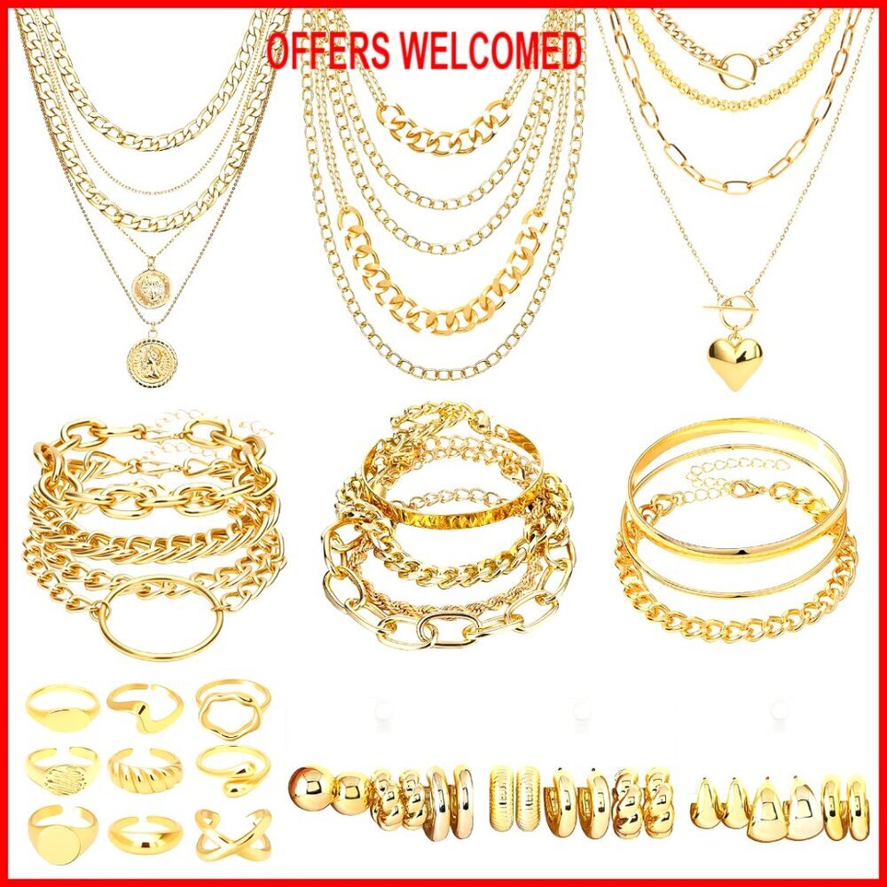 44 Piece Chunky Jewelry Set, Gold Plated Alloy, Adjustable Rings, Cable Chain